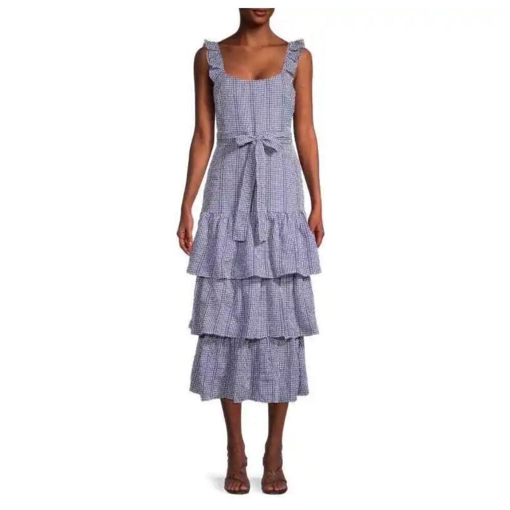 Likely Charlotte Navy Blue Gingham Tiered Tie Waist Ruffle Midi Dress Size 2